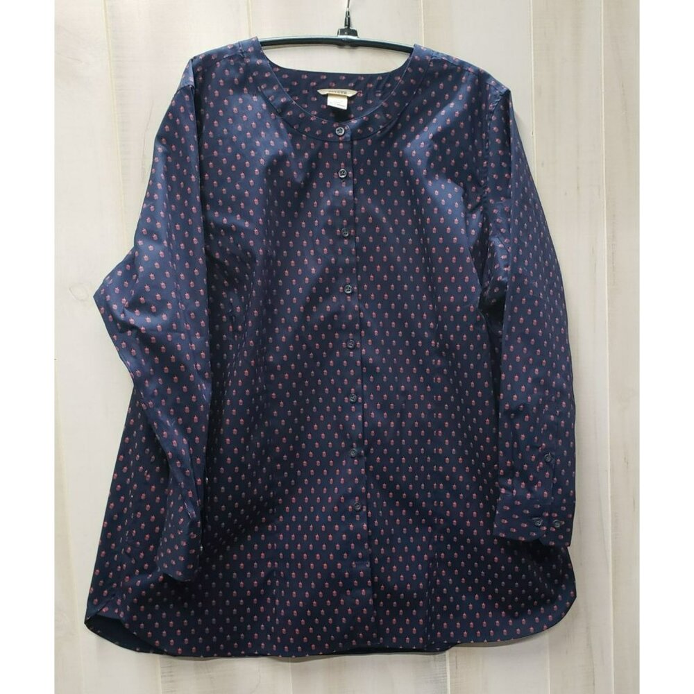 Duluth Trading Wrinklefighter L/S Tunic, 1X, Pockets, Navy & Red Pineapple Print